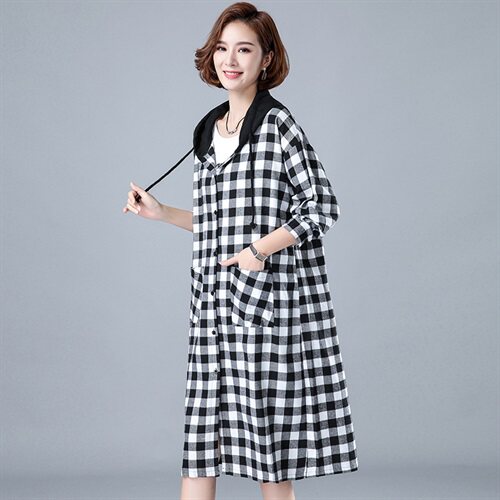 棉质红格子薄款单层连帽风衣外套女长款衬衫2025新款春秋，女装衬衫，风姿绰