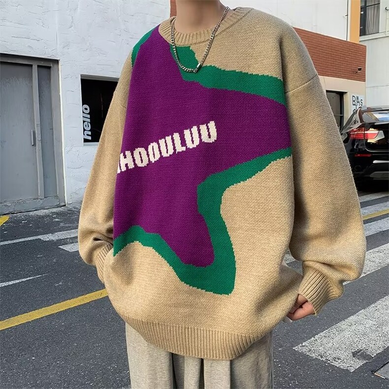 港风情侣街头嘻哈拼色星星提花圆领针织衫男潮牌宽松休闲毛衣,男装针织衫/毛衣,星座716-2