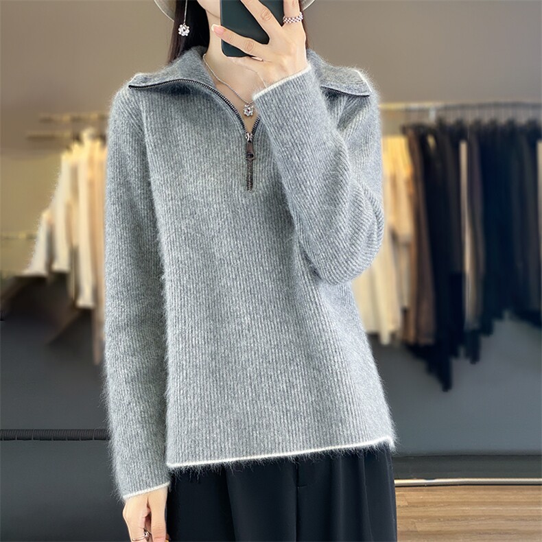 秋冬新款羊毛衫女翻领套头宽松型半高百搭毛衣针织显瘦,女装羊毛衫,犀桦羊绒