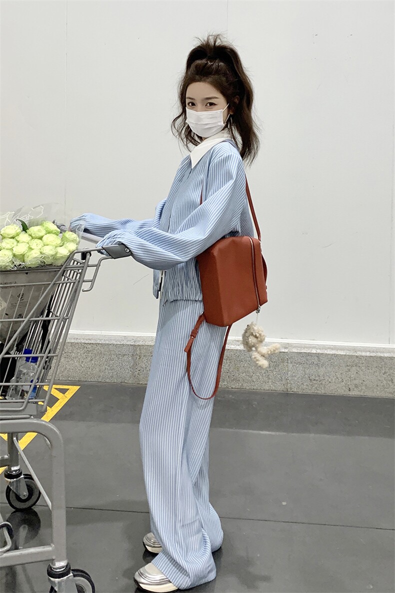【新款】时髦减龄条纹拼色两件套翻领套装088-9907p165控228,女装套装/套裙,2C088
