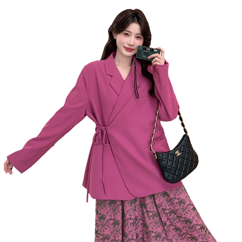 设计感穿搭玫红色小西服配吊带碎花连衣裙女春秋独特漂亮气质套装,女装套装/套裙,2C292