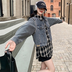 现货-黑白格衬衫+牛仔马甲两件套-款号9906-P145K198，女装套装/套裙，浙宝305
