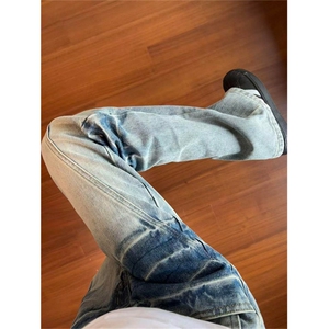 牛仔裤男美式高街vibe闪电纹裤子窄版显瘦直筒微喇裤图片