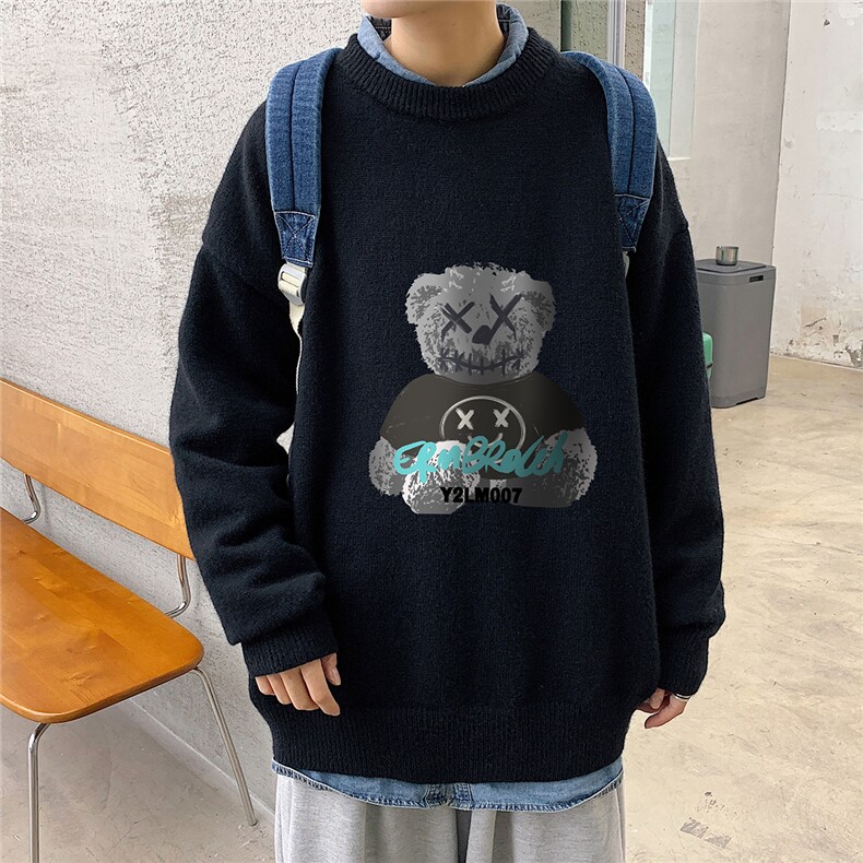 港风日系宽松休闲情侣圆领套头印花加厚毛衣男外套7687P48加绒P55,男装针织衫/毛衣,星座226-2