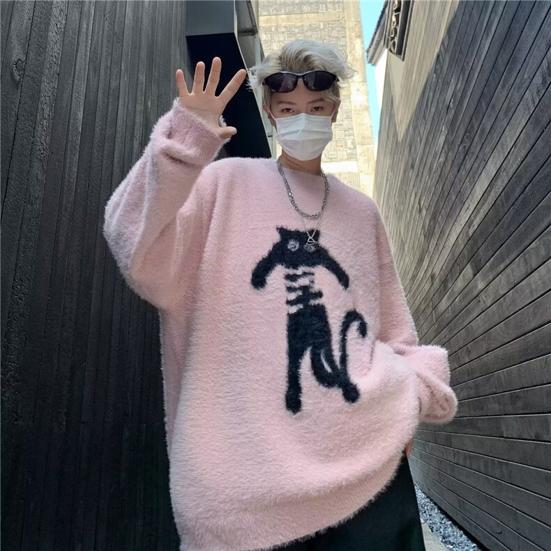 潮牌猫咪慵懒套头毛衣男2024秋冬宽松美式针织衫上衣M03,男装针织衫/毛衣,星座1116A-1（原606A）