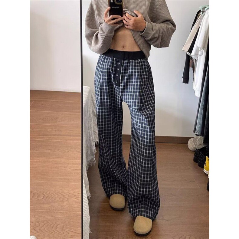 美式复古格子裤慵懒风松弛感裤子oversize直筒拖地阔腿裤,男装休闲裤,四季星座505