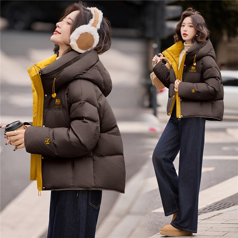 冬季新款M绣花时尚撞色休闲简约羽绒服女，女装羽绒服，微微衣阁