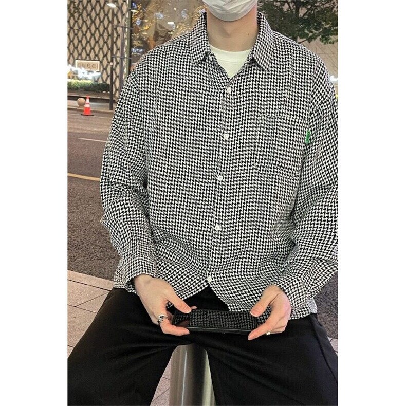 男士春秋季港风高街复古千鸟格上衣宽松大码百搭衬衣外套2227/P36,男装衬衫,星座506