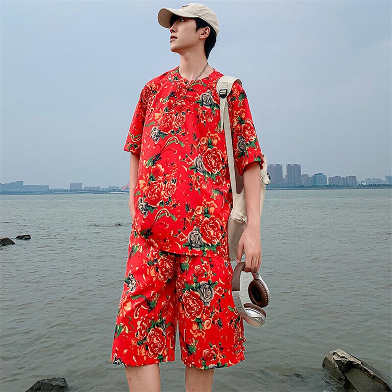 TZZ风盘扣T恤裤子大码团队服东北大花套装男女表演出新中式服,男装休闲套装,星座115A(原星座507）