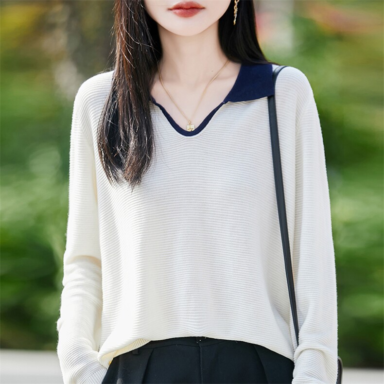 洋气POLO领针织衫女外穿薄款上衣2025秋季新款宽松打底衫翻领毛衣,针织衫/毛衣,佳绒包芯纱店