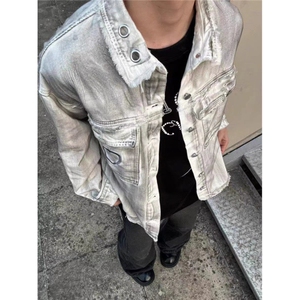 美式高街脏染做旧牛仔夹克男春秋季潮牌嘻哈宽松休闲情侣翻领外套图片