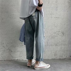 港风破洞牛仔裤男韩版潮流宽松直筒乞丐裤潮牌九分休闲裤279-p35图片