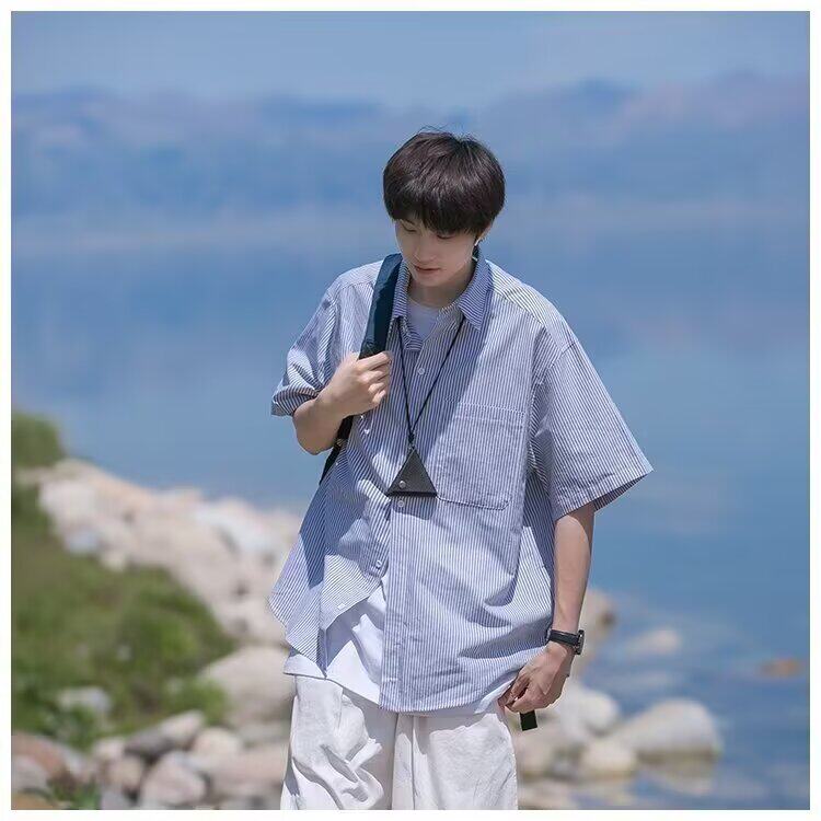 日系条纹衬衫男生夏季宽松大码薄款外套CityBoy潮牌休闲短袖衬衣，男装衬衫，星座1210-1