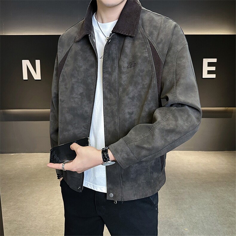 春季2026新款夹克男翻领潮牌拼接男装皮衣外套A313-K275002-P155,男装夹克,电商A313