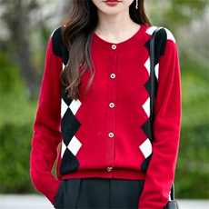 2025百搭时尚简约菱形拼色开衫针织衫，女装羊毛衫，哲奥羊绒