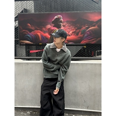重磅北极绒假两件衬衫领毛衣美式高街复古休闲慵懒纯色翻领针织衫，男装针织衫/毛衣，电商A486-1