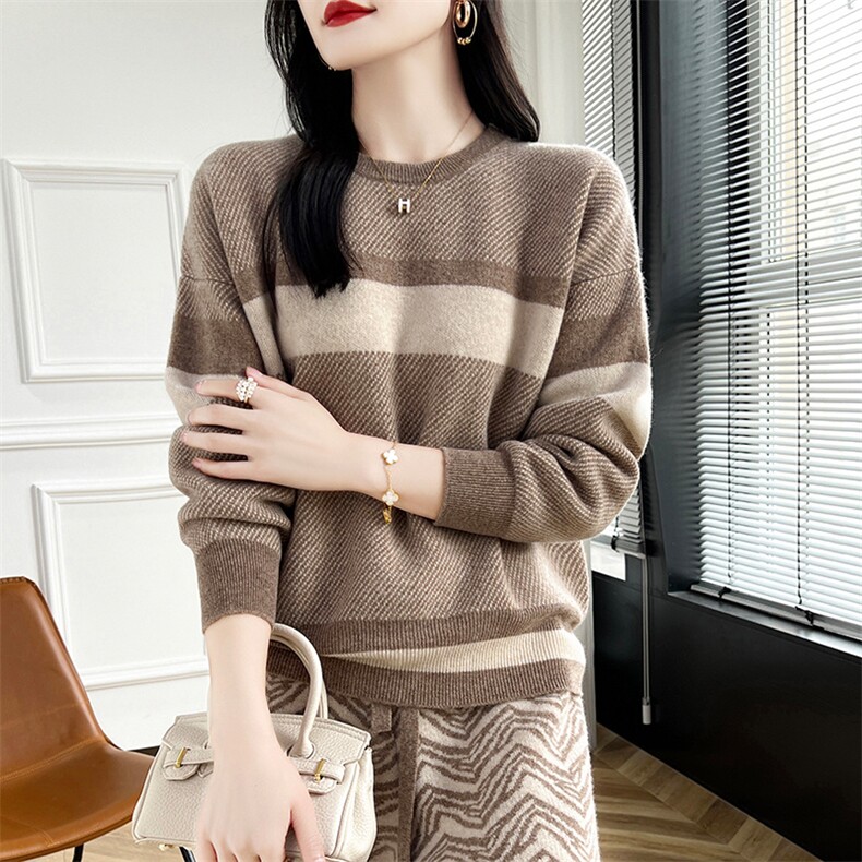 女士秋冬保暖羊毛衫羊毛圆领条纹，女装羊毛衫，蒙莲贝斯