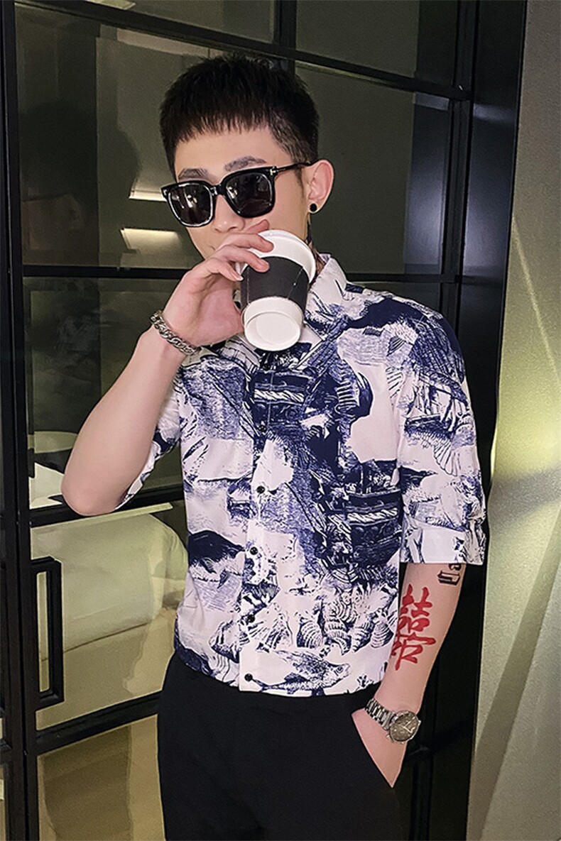312A-119-P55新款社会小伙中袖衬衫韩版潮流男士五分袖衬衣A,男装T恤,星座312A-5