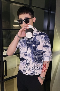 312A-119-P55 新款社会小伙中袖衬衫韩版潮流男士五分袖衬衣A图片