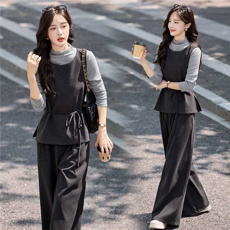 春秋套装裤女2025新款复古小香风绑带收腰打底衫马甲阔腿裤套装裙,女装套装/套裙,冬木谷雨