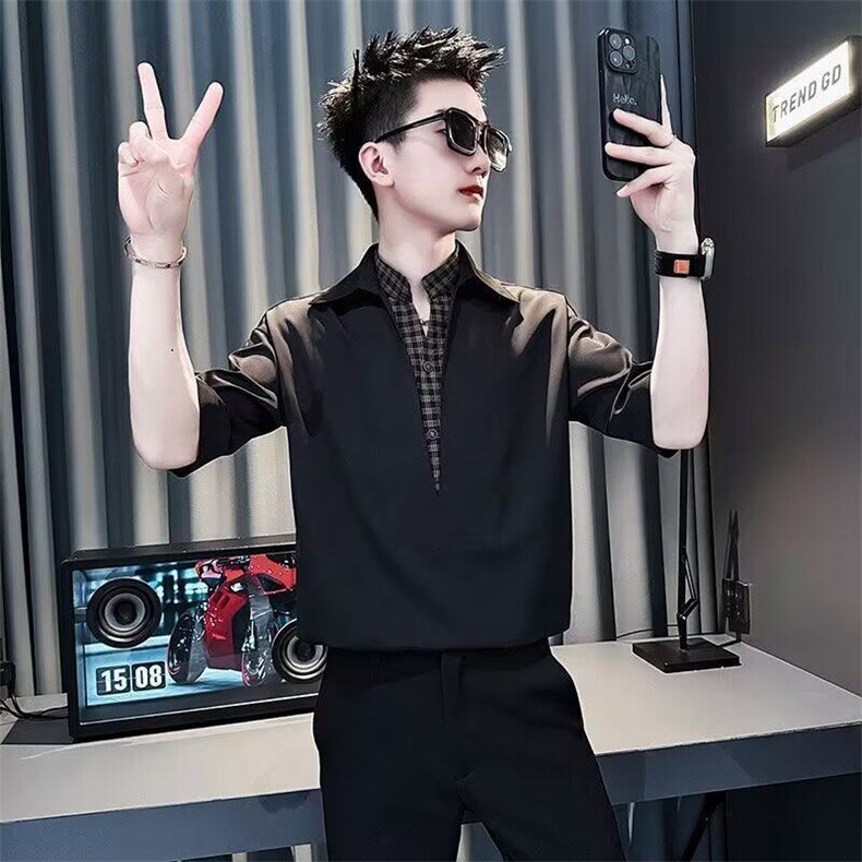 网图现货冰丝衬衫男短袖痞帅假两件潮牌R6829-P48,男装衬衫,星座1005-4