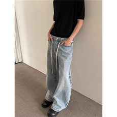 美式复古基础水洗蓝色牛仔裤男女休闲宽松直筒阔腿裤AX146-P56，男装牛仔裤，星座208-5
