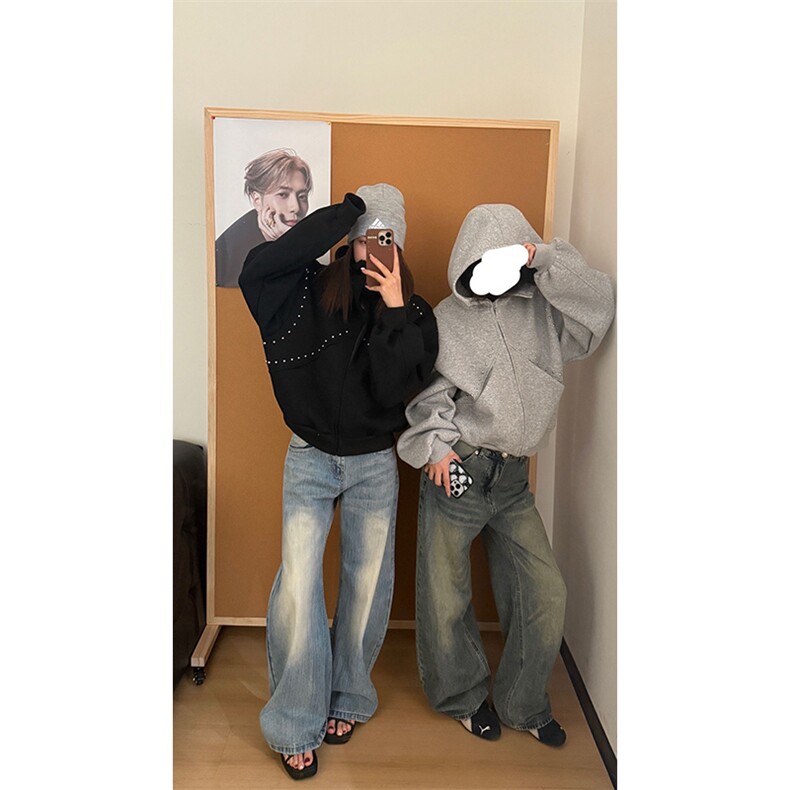 抖音得物高品质 26春装美式高街铆钉杜宾犬耳朵开衫卫衣外套W125图片