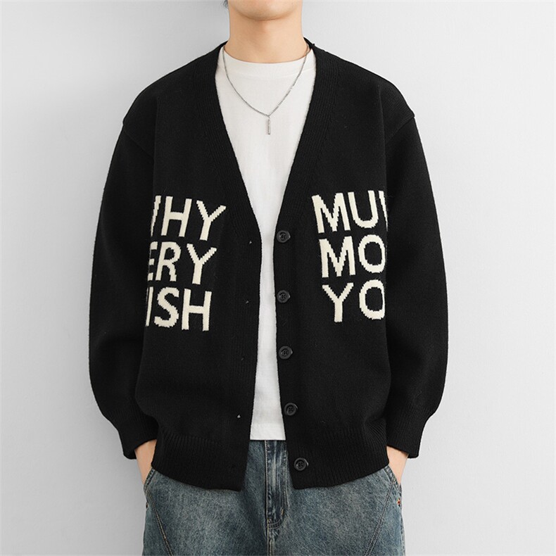 潮V领毛衣2024潮牌宽松针织衫字母印花纽扣开衫MY7005P80,男装针织衫/毛衣,星座914