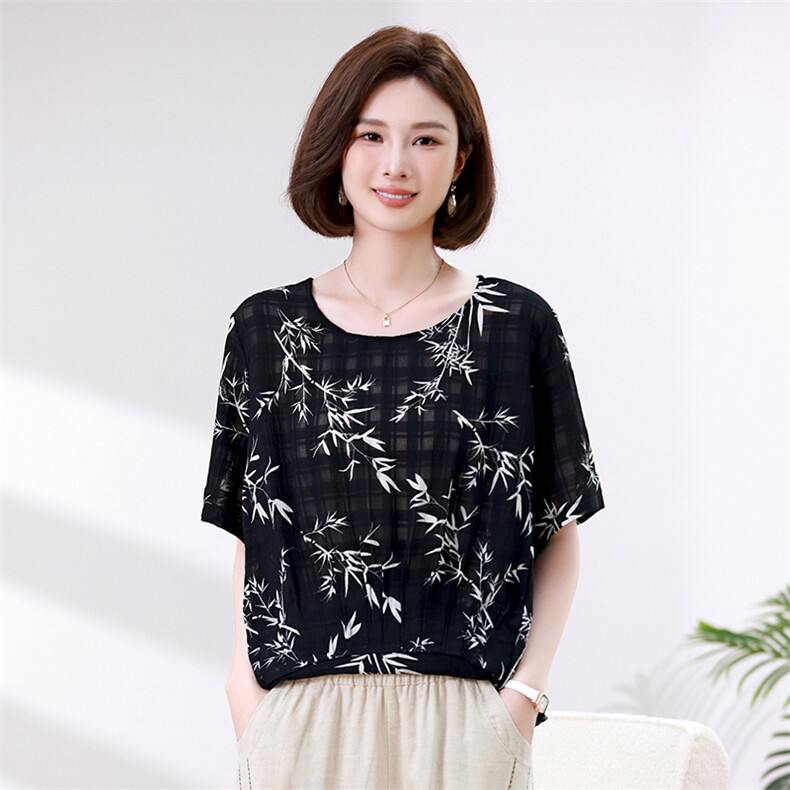 时尚竹叶印花宽松短袖T恤女夏季新款韩版百搭显瘦上衣,女装衬衫,叶笙衣