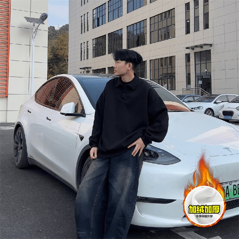 480G重磅加绒硬挺boxy男女秋冬美式高街结构POLO翻领卫衣厚外套，男装Polo衫，电商A486-1