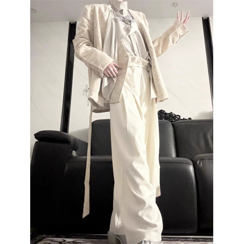 复古拼接设计山本耀司风绑带垂感高级微喇叭西裤黑色长裤,男装西裤,星座506A