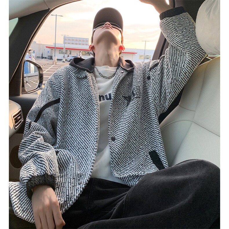 H235可拆卸连帽夹克男格子宽松休闲上衣oversize外套,男装夹克,星座304A-1