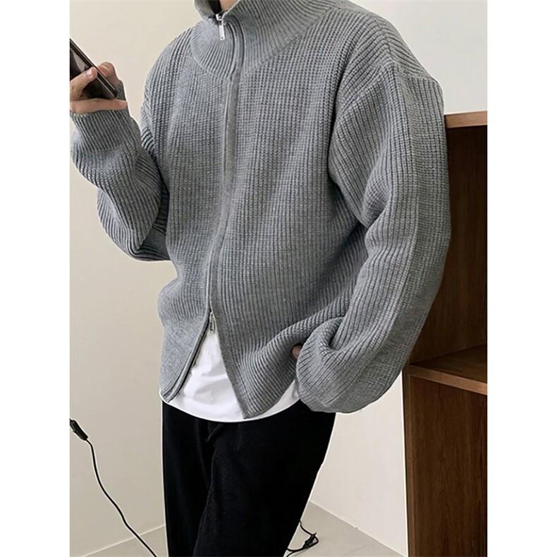 重磅秋冬北极绒双拉链毛衣开衫美式复古休闲慵懒风宽松针织衫外套,男装针织衫/毛衣,电商A486