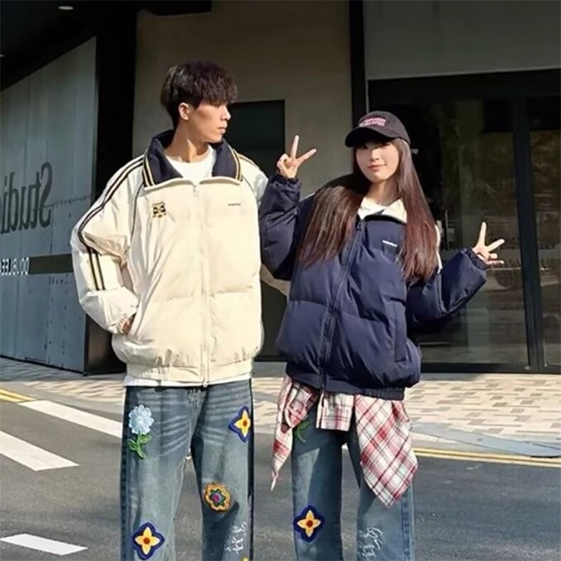 2025冬美式徽章拼接撞色保暖棉服外套冬季情侣休闲加厚面包服棉衣,男装棉衣,星座1210-1