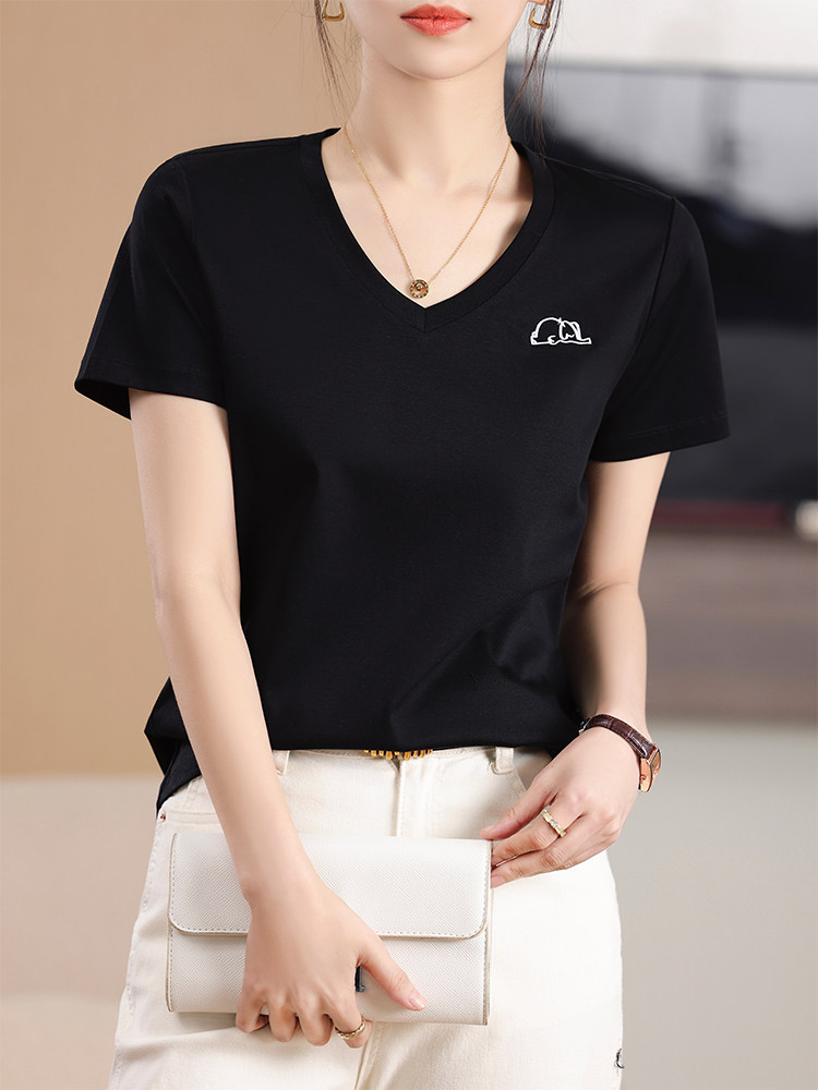 2025款夏季简约V领短袖t恤女丝光棉百搭修身上衣纯色打底衫,女装T恤,元素羊绒