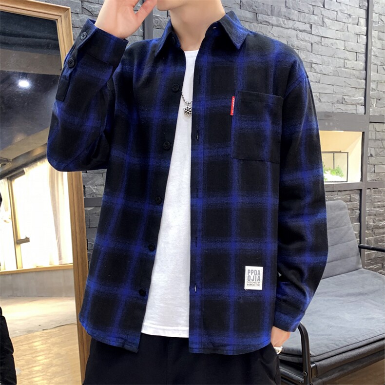 2021春季新款日系大码潮男佳乐纽扣翻领休闲格子衬衫C520-P40,男装衬衫,电商A001
