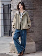 水衣源2796款灯笼外套女咸菜绿立领格子拼接洋气一手长风衣，女装风衣，水衣源