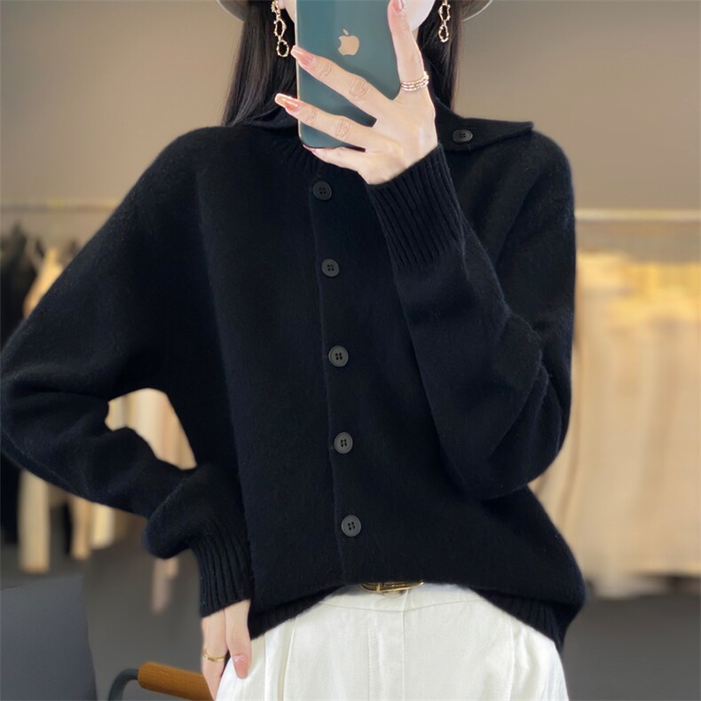 高翻领加厚100%纯羊毛开衫女宽松慵懒风羊绒衫长袖针织衫外套毛衣，女装羊毛衫，忠诺羊绒