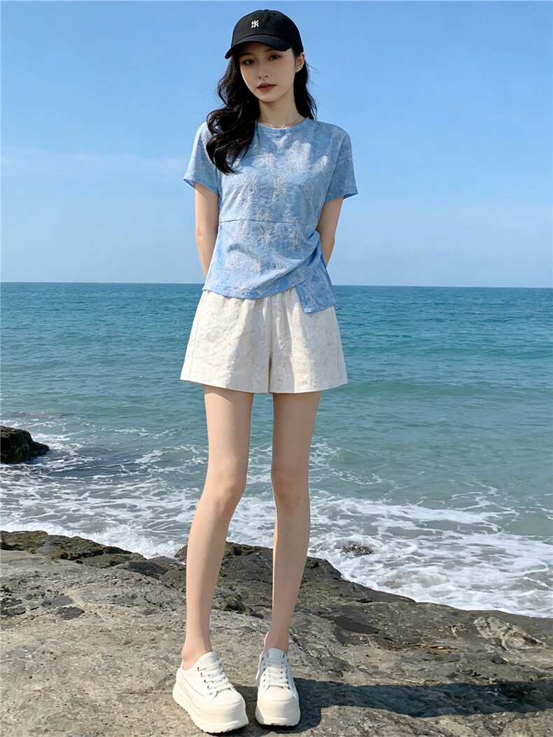 女夏新款时尚减龄套装圆领侧绑带晕染设计短袖上衣蕾丝短裤两件套,女装套装/套裙,江南
