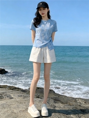 女夏新款时尚减龄套装圆领侧绑带晕染设计短袖上衣蕾丝短裤两件套，女装套装/套裙，江南