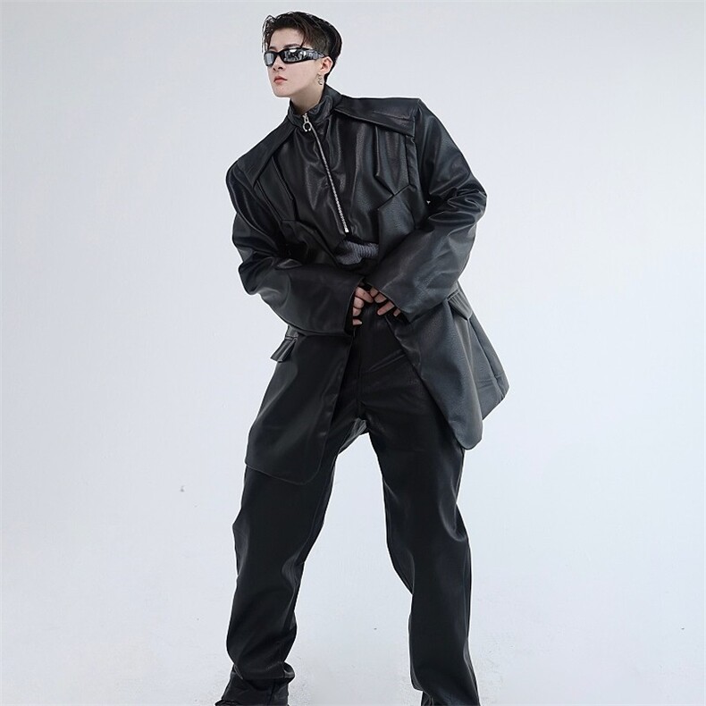 春季设计款立领拼接潮流男皮衣外套个性时髦痞帅皮西服121P155,男装皮衣,星座901-1（原C217）