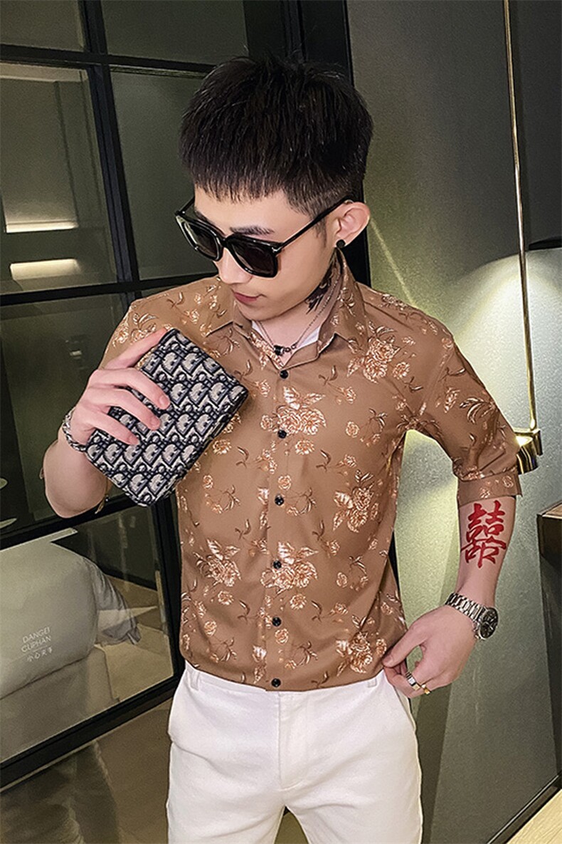 312A-174-P55新款社会小伙中袖衬衫韩版潮流男士五分袖衬衣B,男装T恤,星座312A-5
