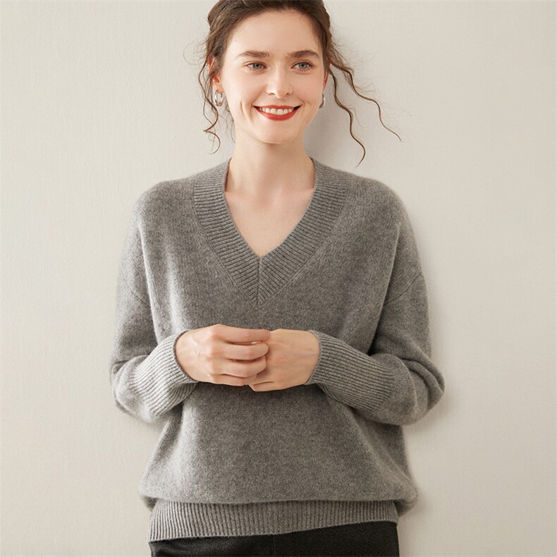 大V领宽松慵懒风山羊绒衫女加厚套头羊毛针织上衣长袖打底衫毛衣，女装羊绒衫，暖凌绒