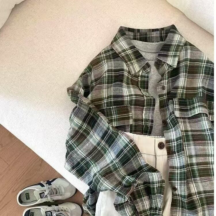 春季新款韩系慵懒风绿色格子衬衣女百搭休闲衬衫宽松显瘦长袖上衣图片