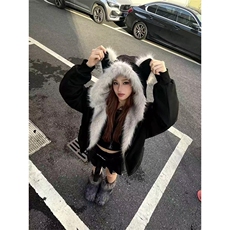 现货重磅硬挺boxy羽绒棉衣座山雕猫耳大毛毛领麂皮棉服冬外套，男装棉衣，电商A486-1