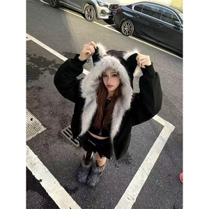现货重磅硬挺boxy羽绒棉衣座山雕猫耳大毛毛领麂皮棉服冬外套图片
