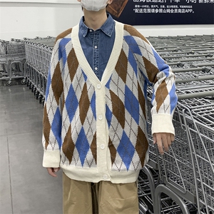 针织开衫男韩版潮流菱形格子2023秋冬季新款ins开衫毛衣W3905-P52