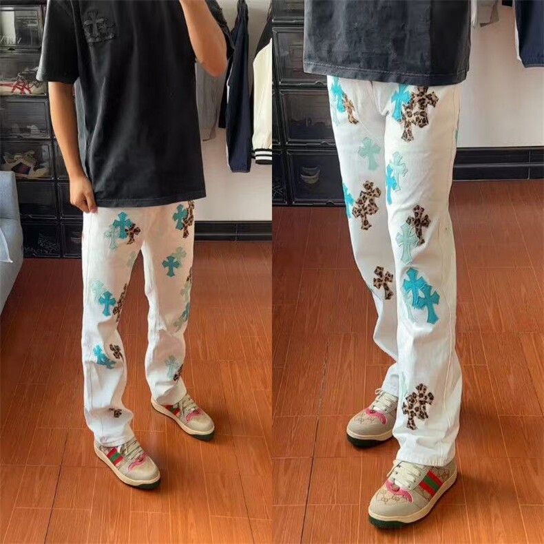 美式克罗CH高街轻奢牛仔裤白色潮牌十字架宽松男女同款直筒长裤,男装牛仔裤,四季星座505