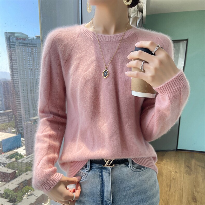 重工100%圆领立体扭花羊绒衫女秋冬加厚软糯慵懒宽松针织打底上衣图片