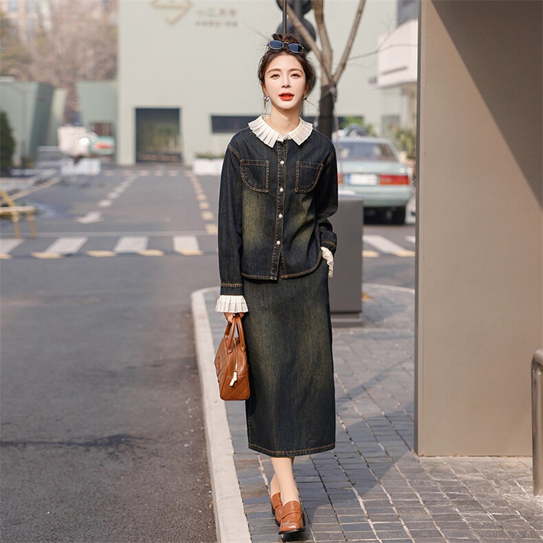 2024春秋季牛仔半身裙时尚两件套女,女装套装/套裙,秋水欣儿